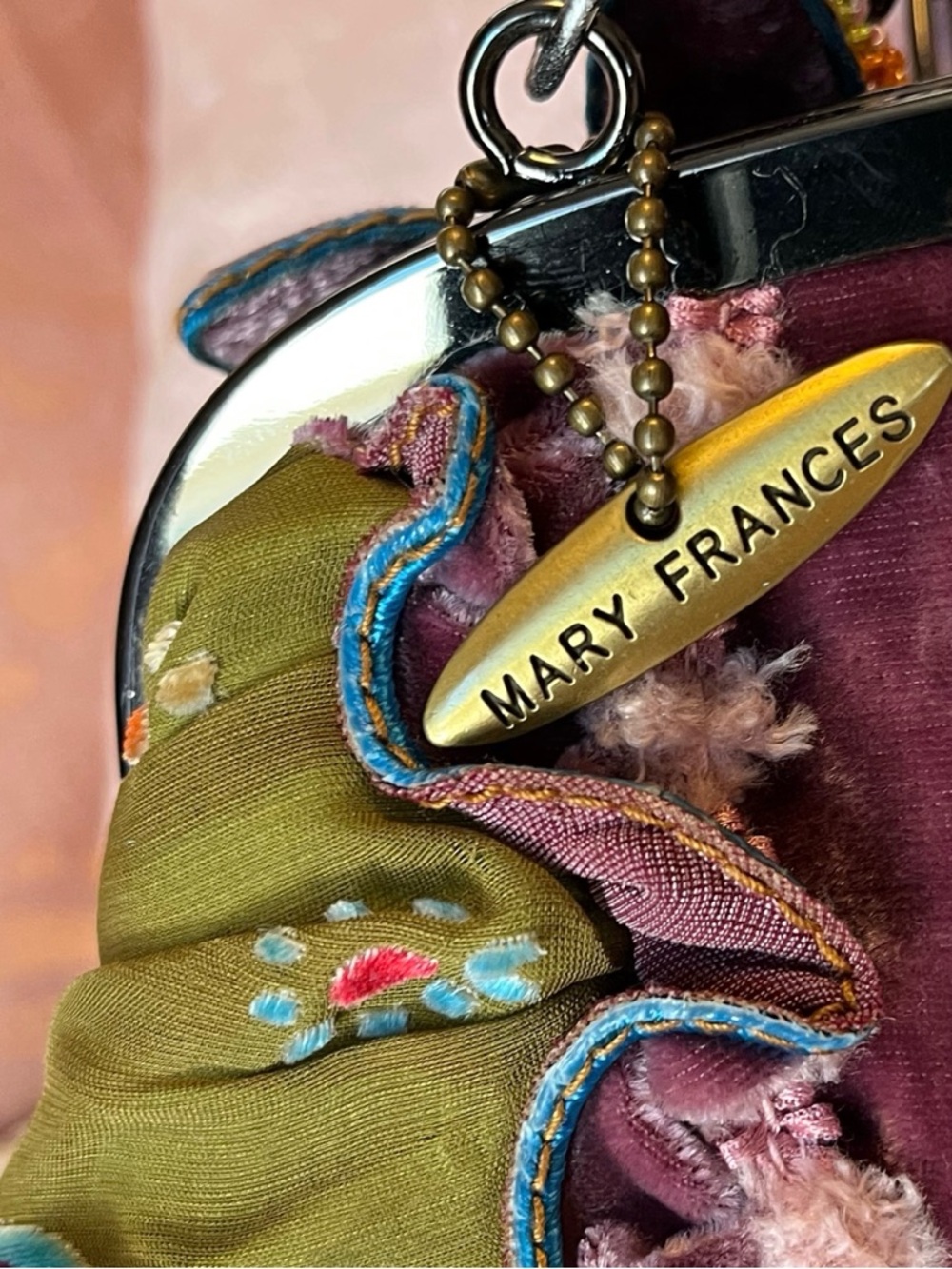 Mary Frances Vintage Olive & Mauve Floral Beaded Clutch, NWT - Picture 9 of 15